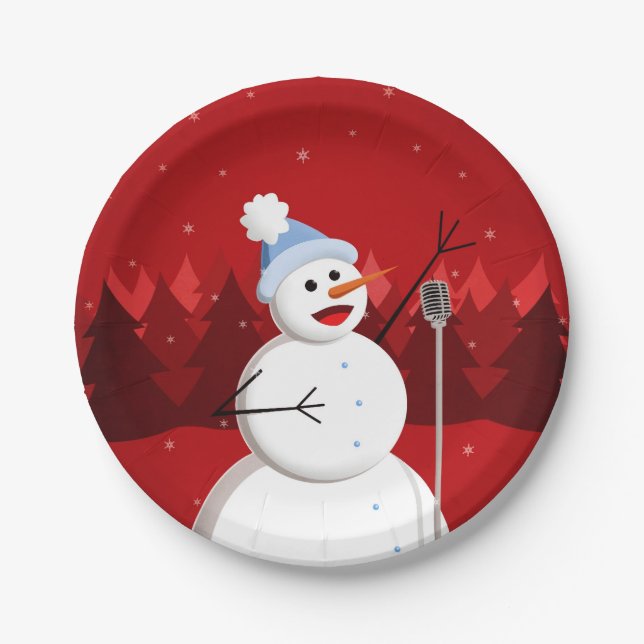 Happy Singing Snowman Christmas Paper Plates (Front)
