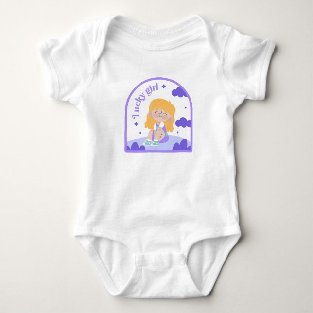 Happy Sitting Girl with Clouds Purple Baby Bodysuit (Front)
