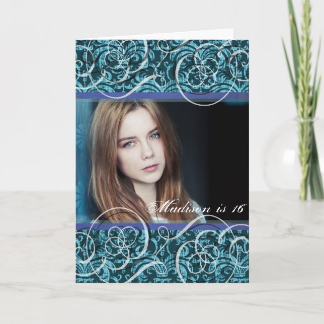 Happy Sixteenth Birthday Damask Photo Portrait Card (Front)