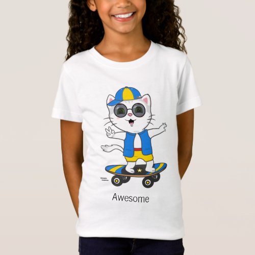 Happy Skater Cat Dressed in Blue  Yellow T_Shirt