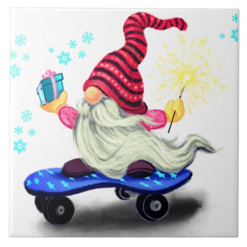 Happy Skater Gnome with Gifts and Sparkler _ Fun Ceramic Tile