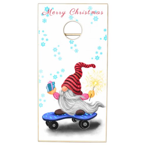Happy Skater Gnome with Gifts and Sparkler _ Fun Cornhole Set