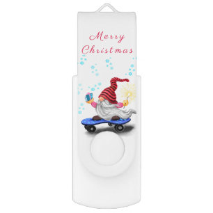 Happy Skater Gnome with Gifts and Sparkler - Funny Flash Drive