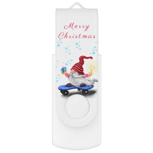 Happy Skater Gnome with Gifts and Sparkler _ Funny Flash Drive