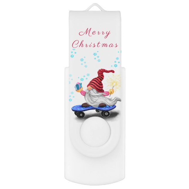 Happy Skater Gnome with Gifts and Sparkler - Funny Flash Drive (Back (Vertical))