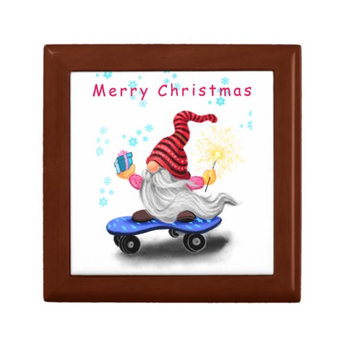 Happy Skater Gnome with Gifts and Sparkler _ Funny Gift Box