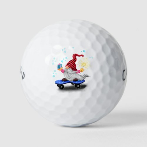 Happy Skater Gnome with Gifts and Sparkler _ Funny Golf Balls