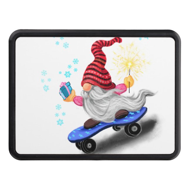 Happy Skater Gnome with Gifts and Sparkler - Funny Hitch Cover (Front)
