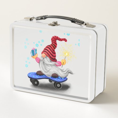 Happy Skater Gnome with Gifts and Sparkler _ Funny Metal Lunch Box