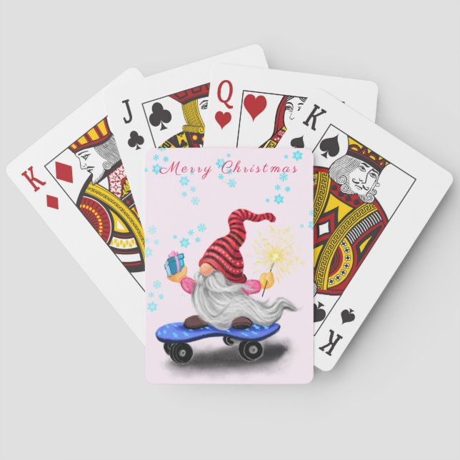 Happy Skater Gnome with Gifts and Sparkler - Funny Poker Cards (Back)