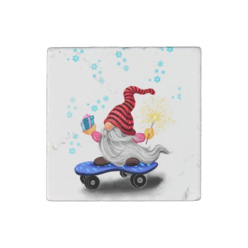 Happy Skater Gnome with Gifts and Sparkler _ Funny Stone Magnet