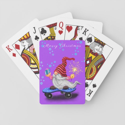 Happy Skater Gnome with Sparkler and Gift For You Playing Cards