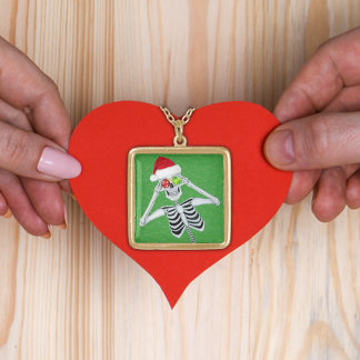 Happy Skeleton Ornament Fur Trimmed Hat Green Gold Plated Necklace
