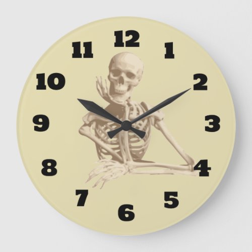 Happy Skeleton Resting His Chin in His Bony Hand Large Clock