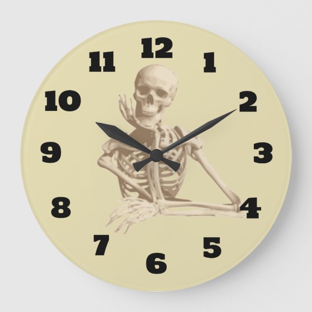 Happy Skeleton Resting His Chin in His Bony Hand Large Clock (Front)