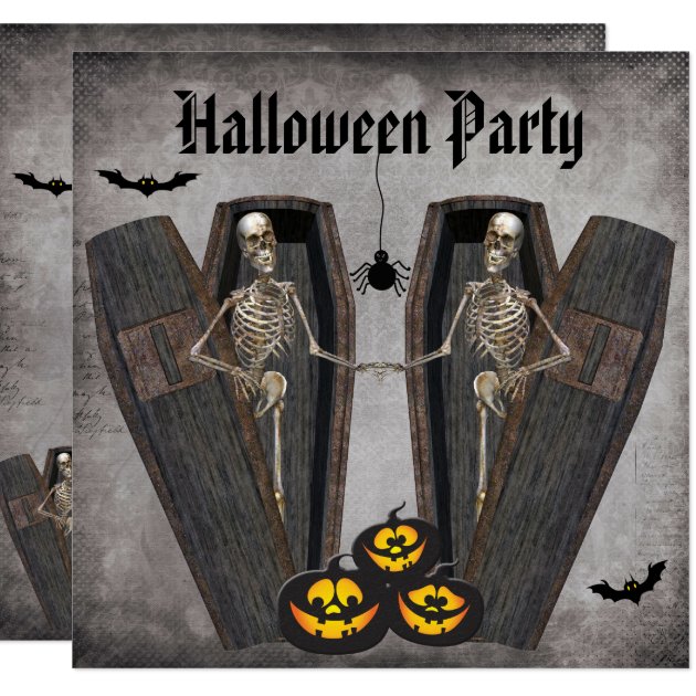 Happy Skeletons In Coffins Halloween Party Invitation