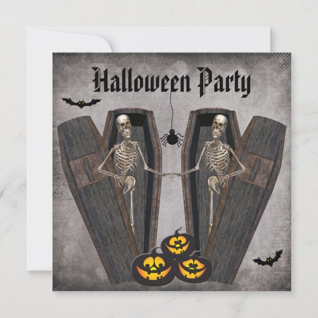 Happy Skeletons in Coffins Halloween Party Invitation (Front)