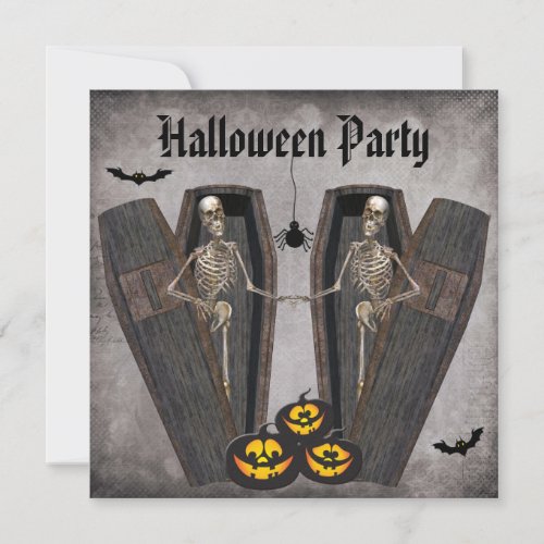 Happy Skeletons in Coffins Halloween Party Invitation