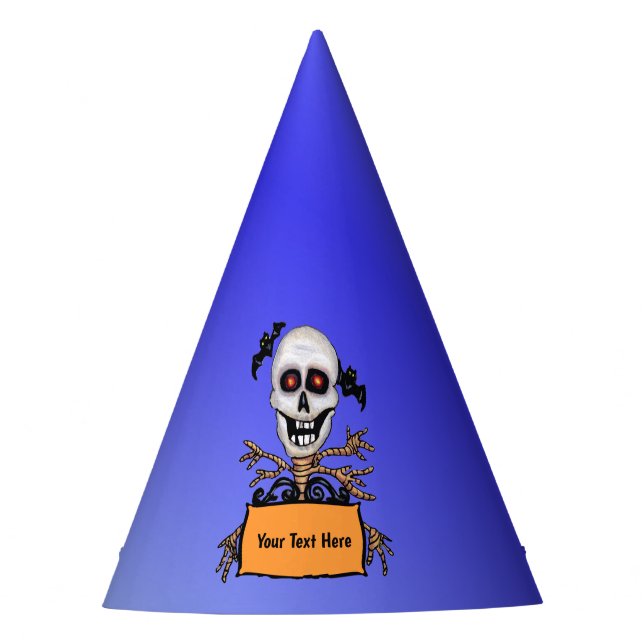 Happy Skull on Tree Branches Bats Orange Sign Blue Party Hat (Front)