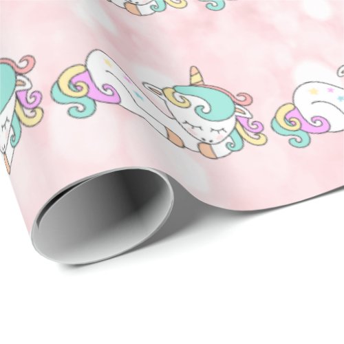 Happy Sleeping Unicorn Horn Pink Baby Glitter Wrapping Paper