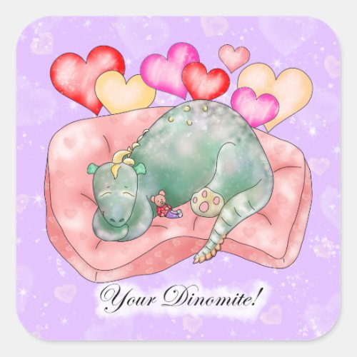 Happy Sleepy Dino Valentine   Square Sticker