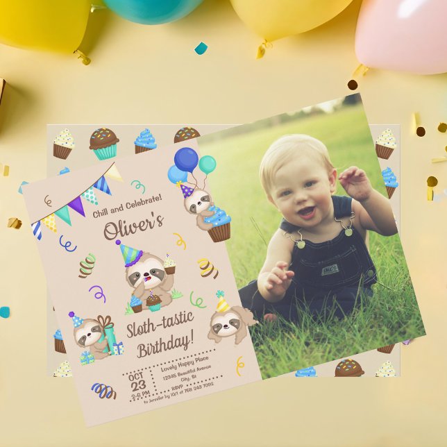 Happy Sloth Birthday Party Cupcakes & Presents Invitation (Creator Uploaded)