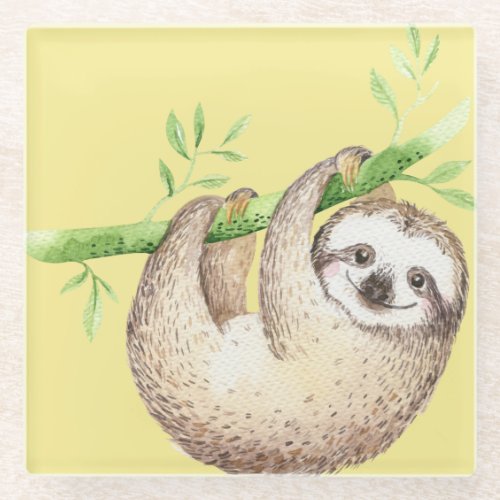 Happy Sloth Watercolor Glass Coaster