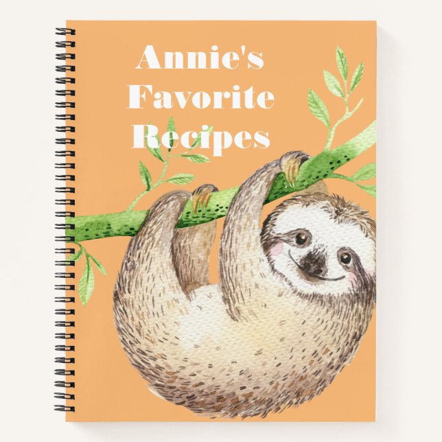 Happy Sloth Watercolor Personalized Recipe Notebook (Front)