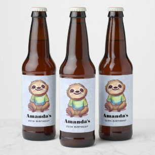 Happy Sloth Wearing a Shirt Cute Birthday Beer Bottle Label
