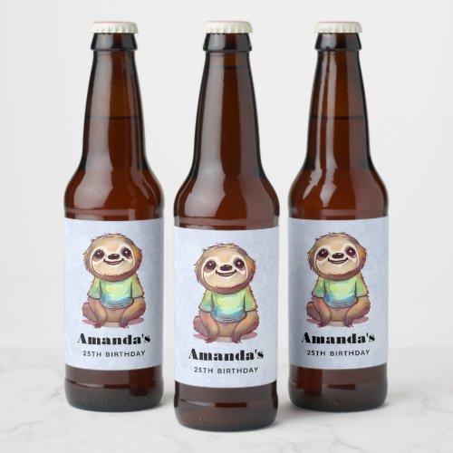 Happy Sloth Wearing a Shirt Cute Birthday Beer Bottle Label