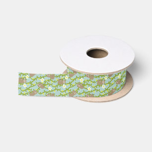 Happy Sloths on Vines Satin Ribbon