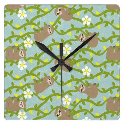 Happy Sloths on Vines Square Wall Clock