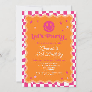 Happy Smile Pink & Orange Checkered Girl Birthday Invitation