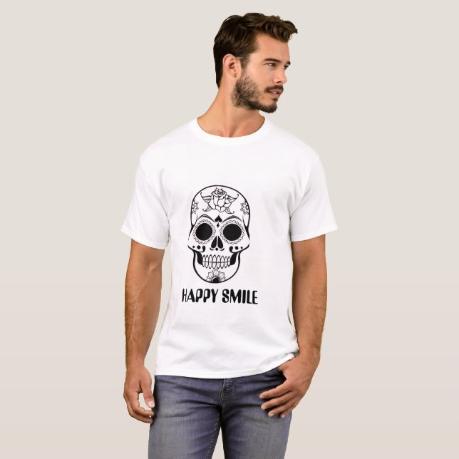 Happy Smile Skull – Stylish Floral Skull T-Shirt  (Front Full)