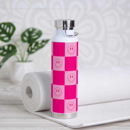 Happy Smile  Stylish Hot Pink Checkered  Water Bottle