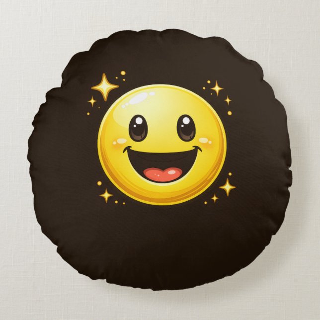 Happy Smiley Face with Sparkles Round Pillow (Front)