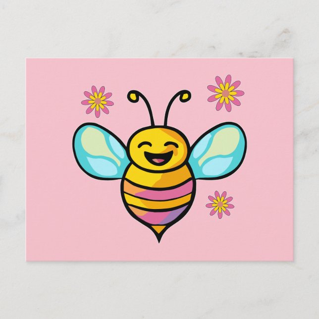 Happy smiling baby bee with flowers.  postcard (Front)