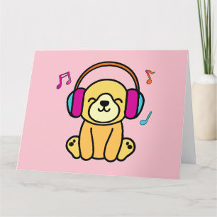 Happy smiling baby dog puppy with headphones. thank you card
