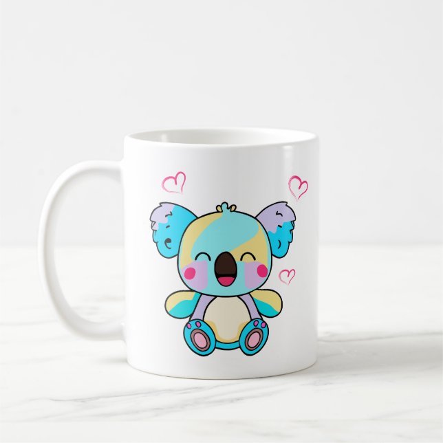 Happy smiling baby koala bear with love hearts.  coffee mug (Left)