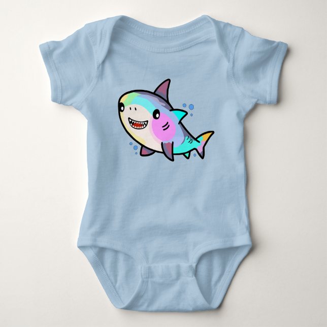 Happy smiling baby shark with bubbles.  bodysuit (Front)