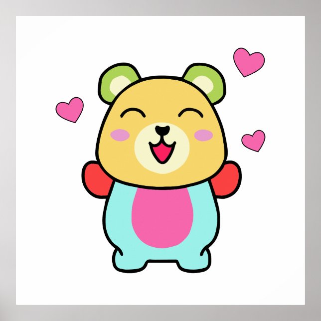 Happy smiling baby teddy bear with love hearts. poster (Front)