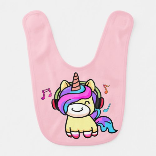 Happy smiling baby unicorn with headphones  baby bib