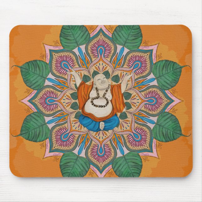 Happy Smiling Buddha Bodhi Leaf Mandala Mouse Pad (Front)