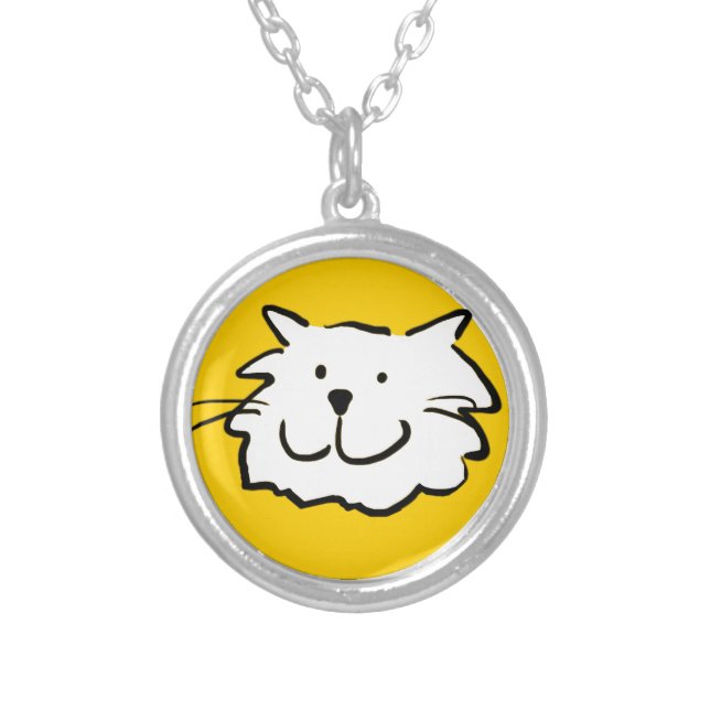 Happy Smiling Cat as a Fun Cartoon Illustration Silver Plated Necklace (Front)