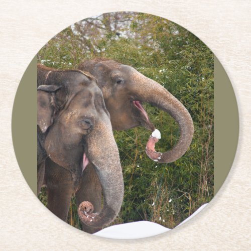 Happy smiling cute elephants playing in the snow round paper coaster