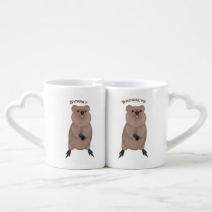 Happy smiling cute quokka cartoon design coffee mug set