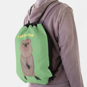 Happy smiling cute quokka cartoon design drawstring bag