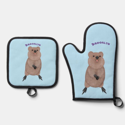 Happy smiling cute quokka cartoon design oven mitt  pot holder set