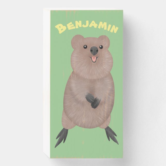 Happy smiling cute quokka cartoon design wooden box sign (Front Vertical)