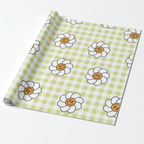 happy smiling daisy and lime green check wrapping paper
